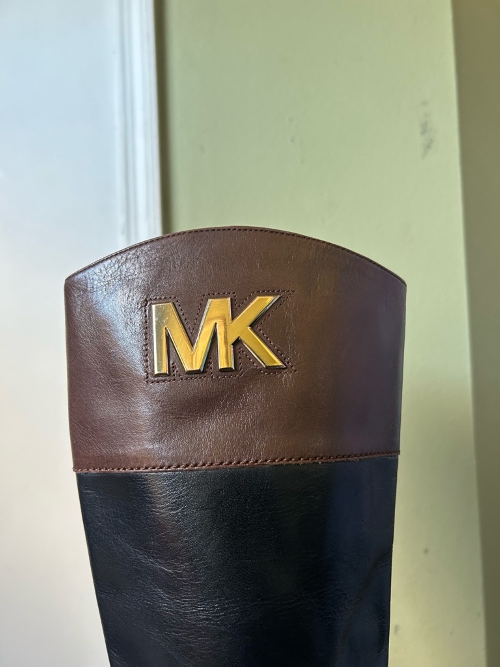 Michael Kors Black Leather Tall Boots with Brown Cuff and Gold MK - Picture 5 of 15
